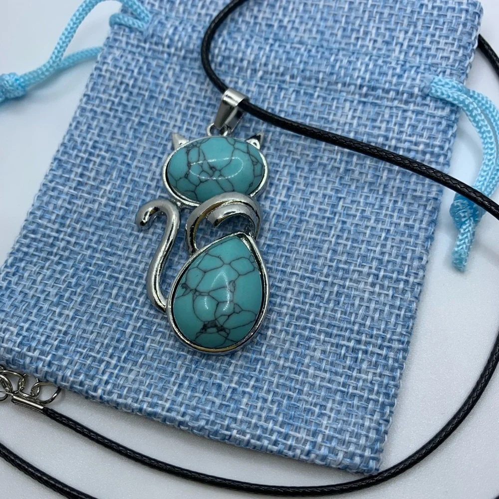 Crystal Cat Necklace Kitty Cat Necklace Blue Howlite Necklace Cat lover Gift